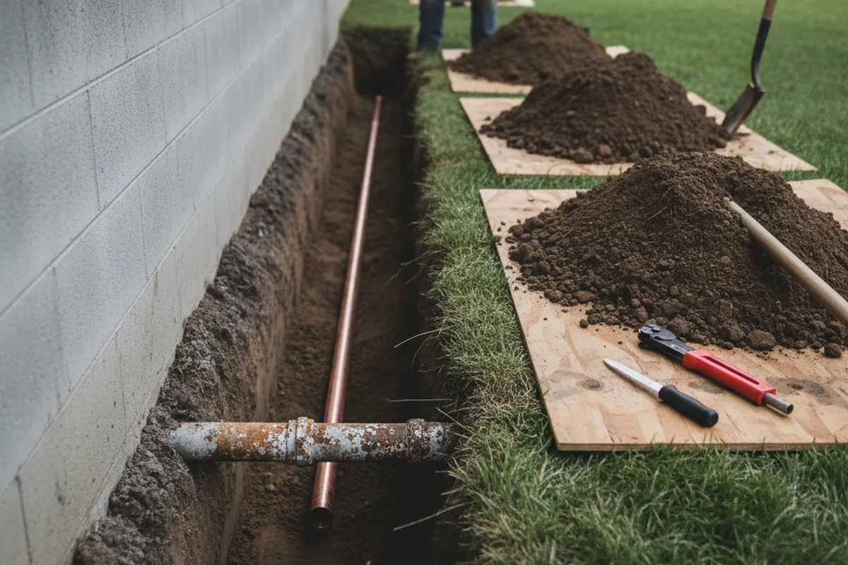 Excavated water line trench during Water Softener Installation in Monroe Center